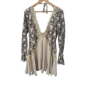 Tularosa Long Sleeve Cream Lace Tie Back Mini Dress Medium Bridal Boho‎ Gauze